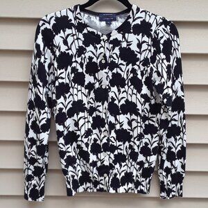 Land's End Women's Black & White Floral Button Down Cotton Cardigan Sweater